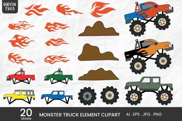 20 Monster Truck Element Clipart: Bold Design Assets