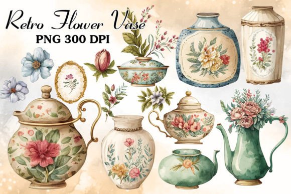 Retro Flower Vase Watercolor Clipart: Vintage Charm for Modern Projects