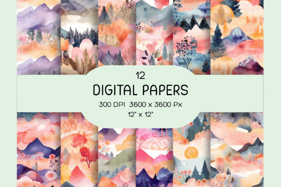 Watercolor Mountains Digital Paper Set for Creative Projects